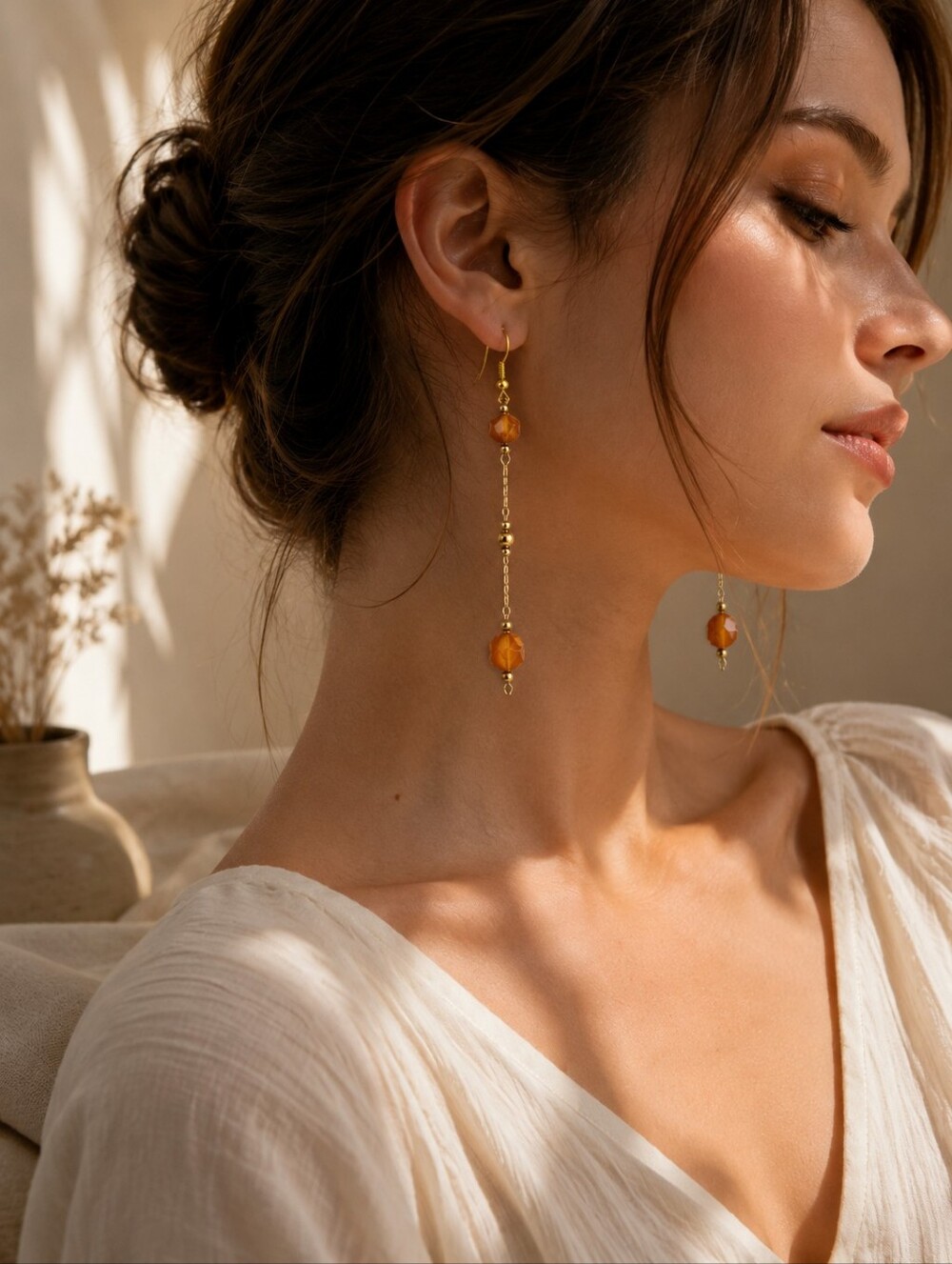 Gold-Tone Drop Earrings with Amber Beads